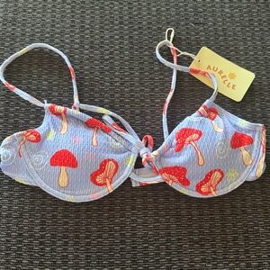 Aurelle Women’s Mushroom Bikini Top - Light Blue & Red
